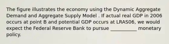 The figure illustrates the economy using the Dynamic Aggregate Demand and Aggregate Supply Model . If actual real GDP in 2006 occurs at point B and potential GDP occurs at LRAS06​, we would expect the Federal Reserve Bank to pursue ___________ monetary policy.