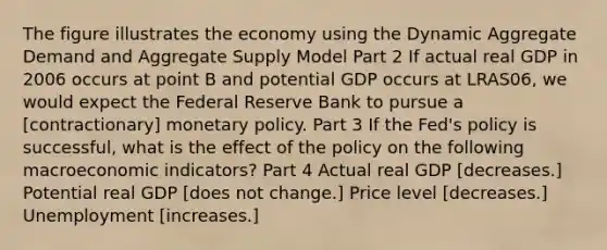 The figure illustrates the economy using the Dynamic Aggregate Demand and Aggregate Supply Model Part 2 If actual real GDP in 2006 occurs at point B and potential GDP occurs at LRAS06​, we would expect the Federal Reserve Bank to pursue a [contractionary] monetary policy. Part 3 If the​ Fed's policy is​ successful, what is the effect of the policy on the following macroeconomic​ indicators? Part 4 Actual real GDP [decreases.] Potential real GDP [does not change.] Price level [decreases.] Unemployment [increases.]