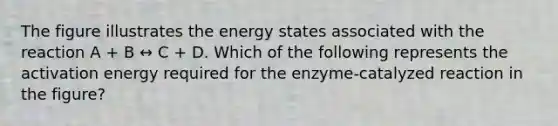 The figure illustrates the energy states associated with the reaction A + B ↔ C + D. Which of the following represents the activation energy required for the enzyme-catalyzed reaction in the figure?