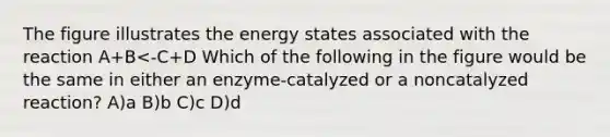 The figure illustrates the energy states associated with the reaction A+B<-C+D Which of the following in the figure would be the same in either an enzyme-catalyzed or a noncatalyzed reaction? A)a B)b C)c D)d