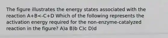 The figure illustrates the energy states associated with the reaction A+B<-C+D Which of the following represents the activation energy required for the non-enzyme-catalyzed reaction in the figure? A)a B)b C)c D)d