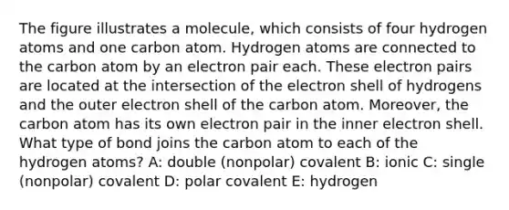 The figure illustrates a molecule, which consists of four hydrogen atoms and one carbon atom. Hydrogen atoms are connected to the carbon atom by an electron pair each. These electron pairs are located at the intersection of the electron shell of hydrogens and the outer electron shell of the carbon atom. Moreover, the carbon atom has its own electron pair in the inner electron shell. What type of bond joins the carbon atom to each of the hydrogen atoms? A: double (nonpolar) covalent B: ionic C: single (nonpolar) covalent D: polar covalent E: hydrogen