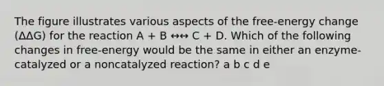 The figure illustrates various aspects of the free-energy change (ΔΔG) for the reaction A + B ↔↔ C + D. Which of the following changes in free-energy would be the same in either an enzyme-catalyzed or a noncatalyzed reaction? a b c d e