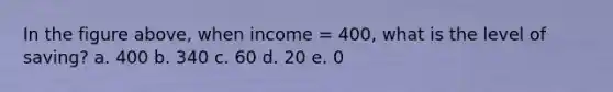 In the figure above, when income = 400, what is the level of saving? a. 400 b. 340 c. 60 d. 20 e. 0