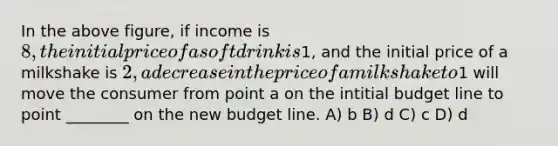 In the above figure, if income is 8, the initial price of a soft drink is1, and the initial price of a milkshake is 2, a decrease in the price of a milkshake to1 will move the consumer from point a on the intitial budget line to point ________ on the new budget line. A) b B) d C) c D) d