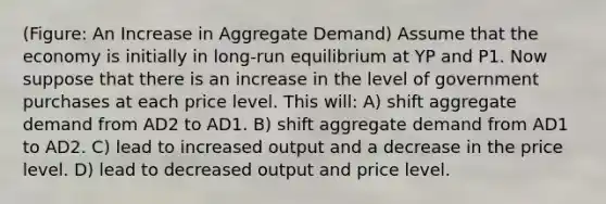 (Figure: An Increase in Aggregate Demand) Assume that the economy is initially in long-run equilibrium at YP and P1. Now suppose that there is an increase in the level of government purchases at each price level. This will: A) shift aggregate demand from AD2 to AD1. B) shift aggregate demand from AD1 to AD2. C) lead to increased output and a decrease in the price level. D) lead to decreased output and price level.