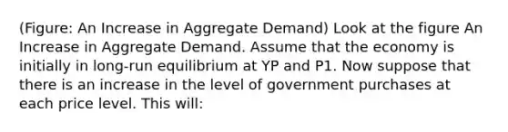 (Figure: An Increase in Aggregate Demand) Look at the figure An Increase in Aggregate Demand. Assume that the economy is initially in long-run equilibrium at YP and P1. Now suppose that there is an increase in the level of government purchases at each price level. This will: