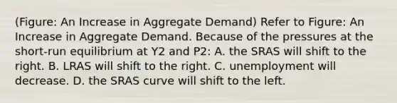 (Figure: An Increase in Aggregate Demand) Refer to Figure: An Increase in Aggregate Demand. Because of the pressures at the short-run equilibrium at Y2 and P2: A. the SRAS will shift to the right. B. LRAS will shift to the right. C. unemployment will decrease. D. the SRAS curve will shift to the left.