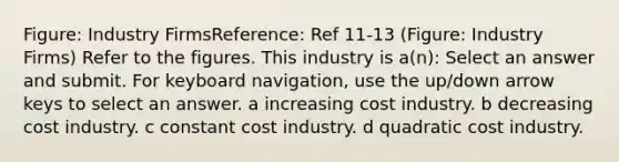 Figure: Industry FirmsReference: Ref 11-13 (Figure: Industry Firms) Refer to the figures. This industry is a(n): Select an answer and submit. For keyboard navigation, use the up/down arrow keys to select an answer. a increasing cost industry. b decreasing cost industry. c constant cost industry. d quadratic cost industry.