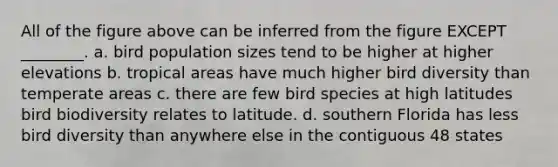 All of the figure above can be inferred from the figure EXCEPT ________. a. bird population sizes tend to be higher at higher elevations b. tropical areas have much higher bird diversity than temperate areas c. there are few bird species at high latitudes bird biodiversity relates to latitude. d. southern Florida has less bird diversity than anywhere else in the contiguous 48 states