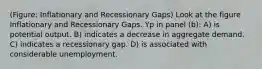 (Figure: Inflationary and Recessionary Gaps) Look at the figure Inflationary and Recessionary Gaps. Yp in panel (b): A) is potential output. B) indicates a decrease in aggregate demand. C) indicates a recessionary gap. D) is associated with considerable unemployment.