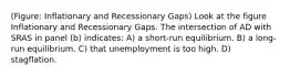 (Figure: Inflationary and Recessionary Gaps) Look at the figure Inflationary and Recessionary Gaps. The intersection of AD with SRAS in panel (b) indicates: A) a short-run equilibrium. B) a long-run equilibrium. C) that unemployment is too high. D) stagflation.