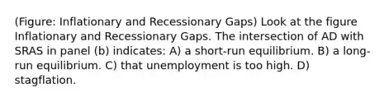 (Figure: Inflationary and Recessionary Gaps) Look at the figure Inflationary and Recessionary Gaps. The intersection of AD with SRAS in panel (b) indicates: A) a short-run equilibrium. B) a long-run equilibrium. C) that unemployment is too high. D) stagflation.