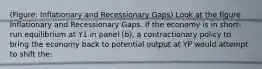 (Figure: Inflationary and Recessionary Gaps) Look at the figure Inflationary and Recessionary Gaps. If the economy is in short-run equilibrium at Y1 in panel (b), a contractionary policy to bring the economy back to potential output at YP would attempt to shift the: