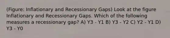 (Figure: Inflationary and Recessionary Gaps) Look at the figure Inflationary and Recessionary Gaps. Which of the following measures a recessionary gap? A) Y3 - Y1 B) Y3 - Y2 C) Y2 - Y1 D) Y3 - Y0