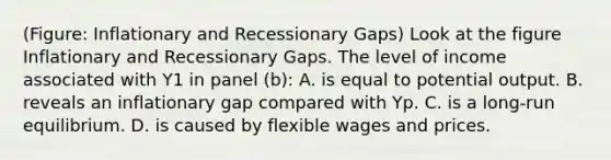 (Figure: Inflationary and Recessionary Gaps) Look at the figure Inflationary and Recessionary Gaps. The level of income associated with Y1 in panel (b): A. is equal to potential output. B. reveals an inflationary gap compared with Yp. C. is a long-run equilibrium. D. is caused by flexible wages and prices.