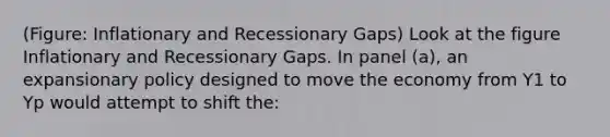 (Figure: Inflationary and Recessionary Gaps) Look at the figure Inflationary and Recessionary Gaps. In panel (a), an expansionary policy designed to move the economy from Y1 to Yp would attempt to shift the: