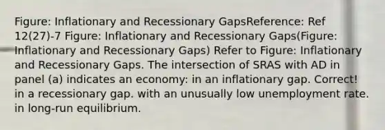 Figure: Inflationary and Recessionary GapsReference: Ref 12(27)-7 Figure: Inflationary and Recessionary Gaps(Figure: Inflationary and Recessionary Gaps) Refer to Figure: Inflationary and Recessionary Gaps. The intersection of SRAS with AD in panel (a) indicates an economy: in an inflationary gap. Correct! in a recessionary gap. with an unusually low unemployment rate. in long-run equilibrium.