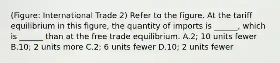 (Figure: International Trade 2) Refer to the figure. At the tariff equilibrium in this figure, the quantity of imports is ______, which is ______ than at the free trade equilibrium. A.2; 10 units fewer B.10; 2 units more C.2; 6 units fewer D.10; 2 units fewer