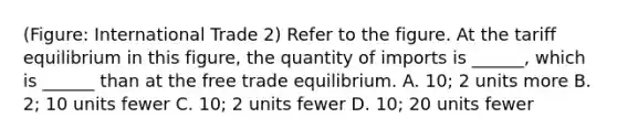 (Figure: International Trade 2) Refer to the figure. At the tariff equilibrium in this figure, the quantity of imports is ______, which is ______ than at the free trade equilibrium. A. 10; 2 units more B. 2; 10 units fewer C. 10; 2 units fewer D. 10; 20 units fewer