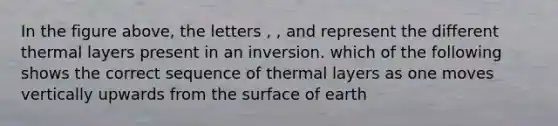 In the figure above, the letters , , and represent the different thermal layers present in an inversion. which of the following shows the correct sequence of thermal layers as one moves vertically upwards from the surface of earth