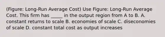 (Figure: Long-Run Average Cost) Use Figure: Long-Run Average Cost. This firm has _____ in the output region from A to B. A. constant returns to scale B. economies of scale C. diseconomies of scale D. constant total cost as output increases