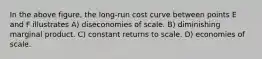 In the above figure, the long-run cost curve between points E and F illustrates A) diseconomies of scale. B) diminishing marginal product. C) constant returns to scale. D) economies of scale.