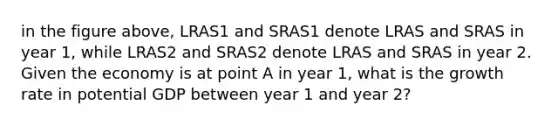 in the figure above, LRAS1 and SRAS1 denote LRAS and SRAS in year 1, while LRAS2 and SRAS2 denote LRAS and SRAS in year 2. Given the economy is at point A in year 1, what is the growth rate in potential GDP between year 1 and year 2?