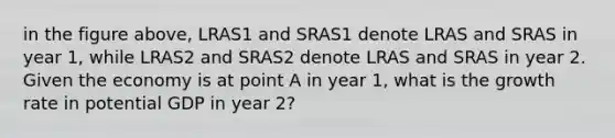 in the figure above, LRAS1 and SRAS1 denote LRAS and SRAS in year 1, while LRAS2 and SRAS2 denote LRAS and SRAS in year 2. Given the economy is at point A in year 1, what is the growth rate in potential GDP in year 2?