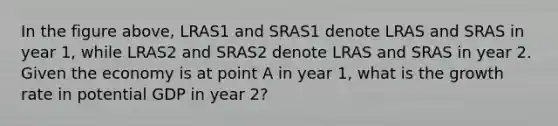 In the figure above, LRAS1 and SRAS1 denote LRAS and SRAS in year 1, while LRAS2 and SRAS2 denote LRAS and SRAS in year 2. Given the economy is at point A in year 1, what is the growth rate in potential GDP in year 2?