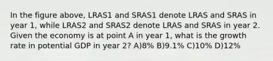 In the figure above, LRAS1 and SRAS1 denote LRAS and SRAS in year 1, while LRAS2 and SRAS2 denote LRAS and SRAS in year 2. Given the economy is at point A in year 1, what is the growth rate in potential GDP in year 2? A)8% B)9.1% C)10% D)12%