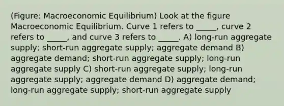 (Figure: Macroeconomic Equilibrium) Look at the figure Macroeconomic Equilibrium. Curve 1 refers to _____, curve 2 refers to _____, and curve 3 refers to _____. A) long-run aggregate supply; short-run aggregate supply; aggregate demand B) aggregate demand; short-run aggregate supply; long-run aggregate supply C) short-run aggregate supply; long-run aggregate supply; aggregate demand D) aggregate demand; long-run aggregate supply; short-run aggregate supply