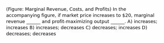 (Figure: Marginal Revenue, Costs, and Profits) In the accompanying figure, if market price increases to 20, marginal revenue ______ and profit-maximizing output ______. A) increases; increases B) increases; decreases C) decreases; increases D) decreases; decreases