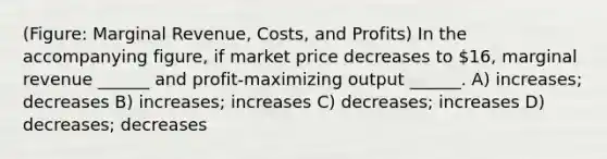 (Figure: Marginal Revenue, Costs, and Profits) In the accompanying figure, if market price decreases to 16, marginal revenue ______ and profit-maximizing output ______. A) increases; decreases B) increases; increases C) decreases; increases D) decreases; decreases