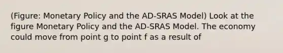 (Figure: Monetary Policy and the AD-SRAS Model) Look at the figure Monetary Policy and the AD-SRAS Model. The economy could move from point g to point f as a result of