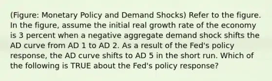 (Figure: Monetary Policy and Demand Shocks) Refer to the figure. In the figure, assume the initial real growth rate of the economy is 3 percent when a negative aggregate demand shock shifts the AD curve from AD 1 to AD 2. As a result of the Fed's policy response, the AD curve shifts to AD 5 in the short run. Which of the following is TRUE about the Fed's policy response?