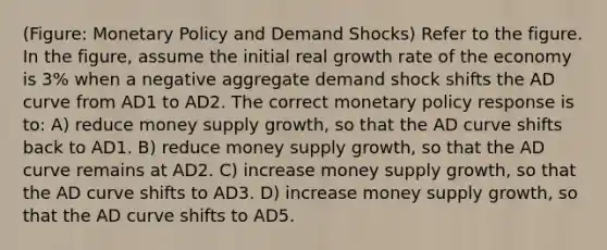 (Figure: Monetary Policy and Demand Shocks) Refer to the figure. In the figure, assume the initial real growth rate of the economy is 3% when a negative aggregate demand shock shifts the AD curve from AD1 to AD2. The correct monetary policy response is to: A) reduce money supply growth, so that the AD curve shifts back to AD1. B) reduce money supply growth, so that the AD curve remains at AD2. C) increase money supply growth, so that the AD curve shifts to AD3. D) increase money supply growth, so that the AD curve shifts to AD5.