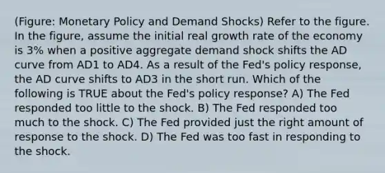 (Figure: Monetary Policy and Demand Shocks) Refer to the figure. In the figure, assume the initial real growth rate of the economy is 3% when a positive aggregate demand shock shifts the AD curve from AD1 to AD4. As a result of the Fed's policy response, the AD curve shifts to AD3 in the short run. Which of the following is TRUE about the Fed's policy response? A) The Fed responded too little to the shock. B) The Fed responded too much to the shock. C) The Fed provided just the right amount of response to the shock. D) The Fed was too fast in responding to the shock.