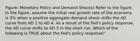 Figure: Monetary Policy and Demand Shocks) Refer to the figure. In the figure, assume the initial real growth rate of the economy is 3% when a positive aggregate demand shock shifts the AD curve from AD 1 to AD 4. As a result of the Fed's policy response, the AD curve shifts to AD 3 in the short run. Which of the following is TRUE about the Fed's policy response?