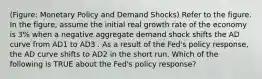 (Figure: Monetary Policy and Demand Shocks) Refer to the figure. In the figure, assume the initial real growth rate of the economy is 3% when a negative aggregate demand shock shifts the AD curve from AD1 to AD3 . As a result of the Fed's policy response, the AD curve shifts to AD2 in the short run. Which of the following is TRUE about the Fed's policy response?