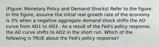 (Figure: <a href='https://www.questionai.com/knowledge/kEE0G7Llsx-monetary-policy' class='anchor-knowledge'>monetary policy</a> and Demand Shocks) Refer to the figure. In the figure, assume the initial real growth rate of the economy is 3% when a negative aggregate demand shock shifts the AD curve from AD1 to AD3 . As a result of the Fed's policy response, the AD curve shifts to AD2 in the short run. Which of the following is TRUE about the Fed's policy response?