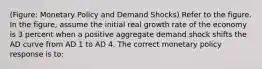 (Figure: Monetary Policy and Demand Shocks) Refer to the figure. In the figure, assume the initial real growth rate of the economy is 3 percent when a positive aggregate demand shock shifts the AD curve from AD 1 to AD 4. The correct monetary policy response is to: