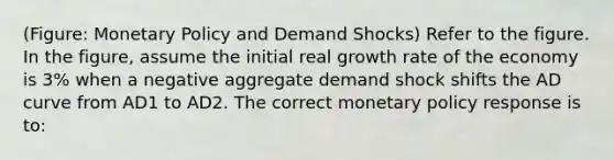 (Figure: Monetary Policy and Demand Shocks) Refer to the figure. In the figure, assume the initial real growth rate of the economy is 3% when a negative aggregate demand shock shifts the AD curve from AD1 to AD2. The correct monetary policy response is to: