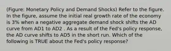 (Figure: Monetary Policy and Demand Shocks) Refer to the figure. In the figure, assume the initial real growth rate of the economy is 3% when a negative aggregate demand shock shifts the AD curve from AD1 to AD2 . As a result of the Fed's policy response, the AD curve shifts to AD5 in the short run. Which of the following is TRUE about the Fed's policy response?