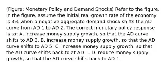 (Figure: <a href='https://www.questionai.com/knowledge/kEE0G7Llsx-monetary-policy' class='anchor-knowledge'>monetary policy</a> and Demand Shocks) Refer to the figure. In the figure, assume the initial real growth rate of the economy is 3% when a negative aggregate demand shock shifts the AD curve from AD 1 to AD 2. The correct monetary policy response is to: A. increase money supply growth, so that the AD curve shifts to AD 3. B. increase money supply growth, so that the AD curve shifts to AD 5. C. increase money supply growth, so that the AD curve shifts back to at AD 1. D. reduce money supply growth, so that the AD curve shifts back to AD 1.