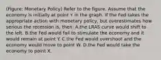 (Figure: Monetary Policy) Refer to the figure. Assume that the economy is initially at point Y in the graph. If the Fed takes the appropriate action with monetary policy, but overestimates how serious the recession is, then: A.the LRAS curve would shift to the left. B.the Fed would fail to stimulate the economy and it would remain at point Y. C.the Fed would overshoot and the economy would move to point W. D.the Fed would take the economy to point X.