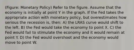 (Figure: Monetary Policy) Refer to the figure. Assume that the economy is initially at point Y in the graph. If the Fed takes the appropriate action with monetary policy, but overestimates how serious the recession is, then: A) the LRAS curve would shift to the left. B) the Fed would take the economy to point X. C) the Fed would fail to stimulate the economy and it would remain at point Y. D) the Fed would overshoot and the economy would move to point W.