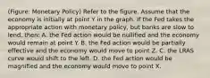 (Figure: Monetary Policy) Refer to the figure. Assume that the economy is initially at point Y in the graph. If the Fed takes the appropriate action with monetary policy, but banks are slow to lend, then: A. the Fed action would be nullified and the economy would remain at point Y. B. the Fed action would be partially effective and the economy would move to point Z. C. the LRAS curve would shift to the left. D. the Fed action would be magnified and the economy would move to point X.