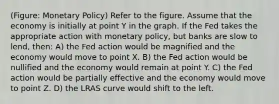 (Figure: <a href='https://www.questionai.com/knowledge/kEE0G7Llsx-monetary-policy' class='anchor-knowledge'>monetary policy</a>) Refer to the figure. Assume that the economy is initially at point Y in the graph. If the Fed takes the appropriate action with monetary policy, but banks are slow to lend, then: A) the Fed action would be magnified and the economy would move to point X. B) the Fed action would be nullified and the economy would remain at point Y. C) the Fed action would be partially effective and the economy would move to point Z. D) the LRAS curve would shift to the left.