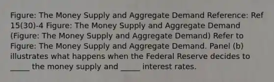 Figure: The Money Supply and Aggregate Demand Reference: Ref 15(30)-4 Figure: The Money Supply and Aggregate Demand (Figure: The Money Supply and Aggregate Demand) Refer to Figure: The Money Supply and Aggregate Demand. Panel (b) illustrates what happens when the Federal Reserve decides to _____ the money supply and _____ interest rates.